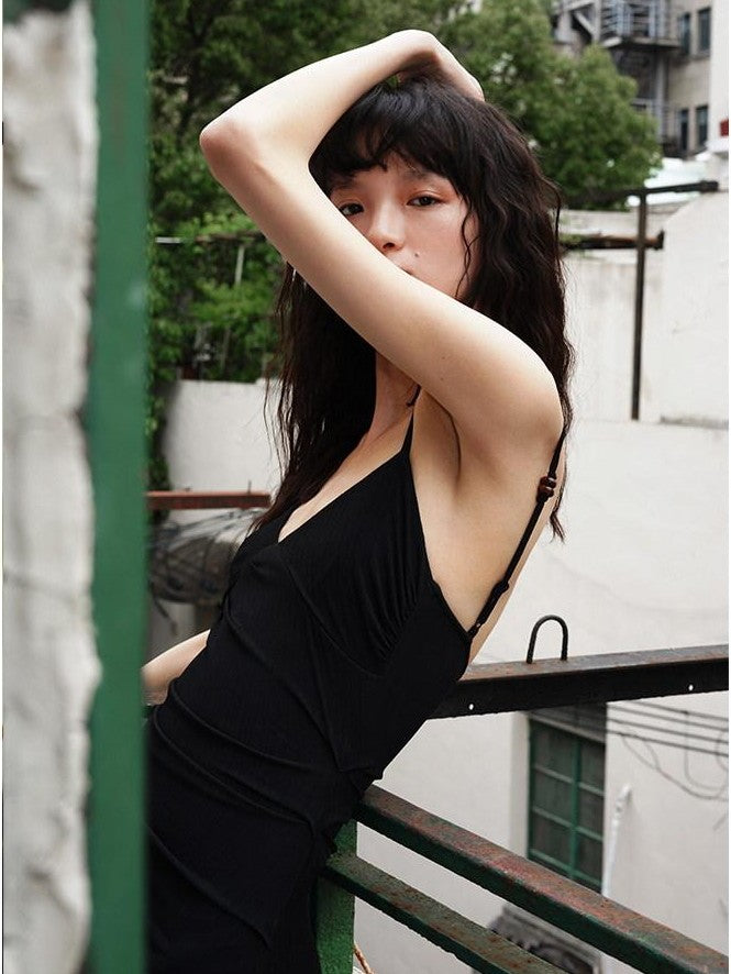 badtaste Black Ruched Slim Fit Mermaid Cami Women's Slip Maxi Dresses