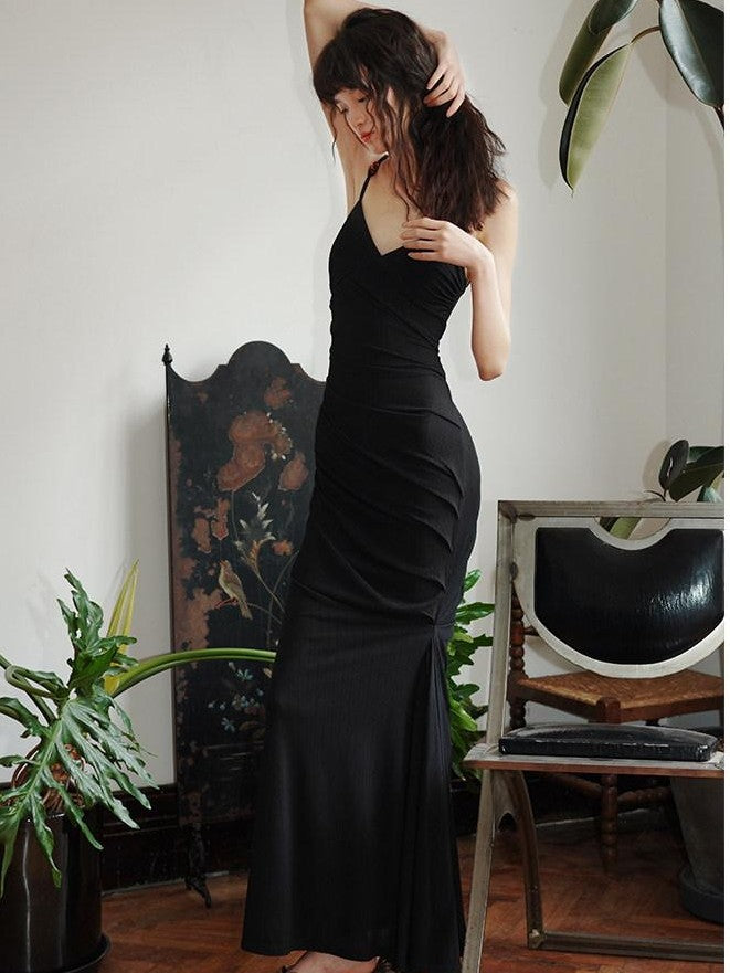 badtaste Black Ruched Slim Fit Mermaid Cami Women's Slip Maxi Dresses