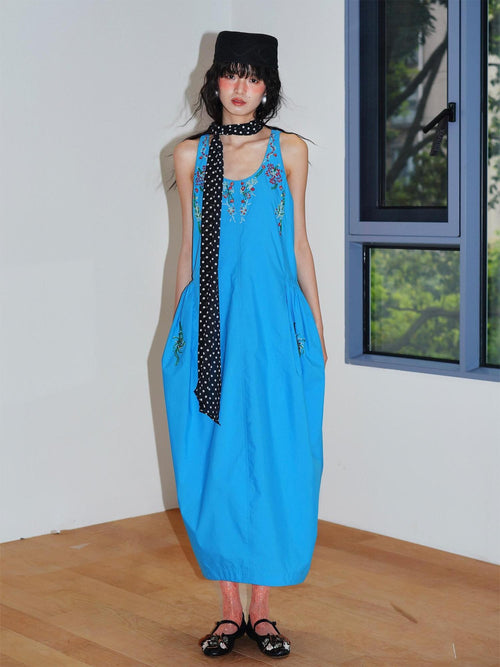 badtaste Blue Heavy Sequin Embroidery Cocoon Silhouette Women's Cotton Slip Maxi Dresses