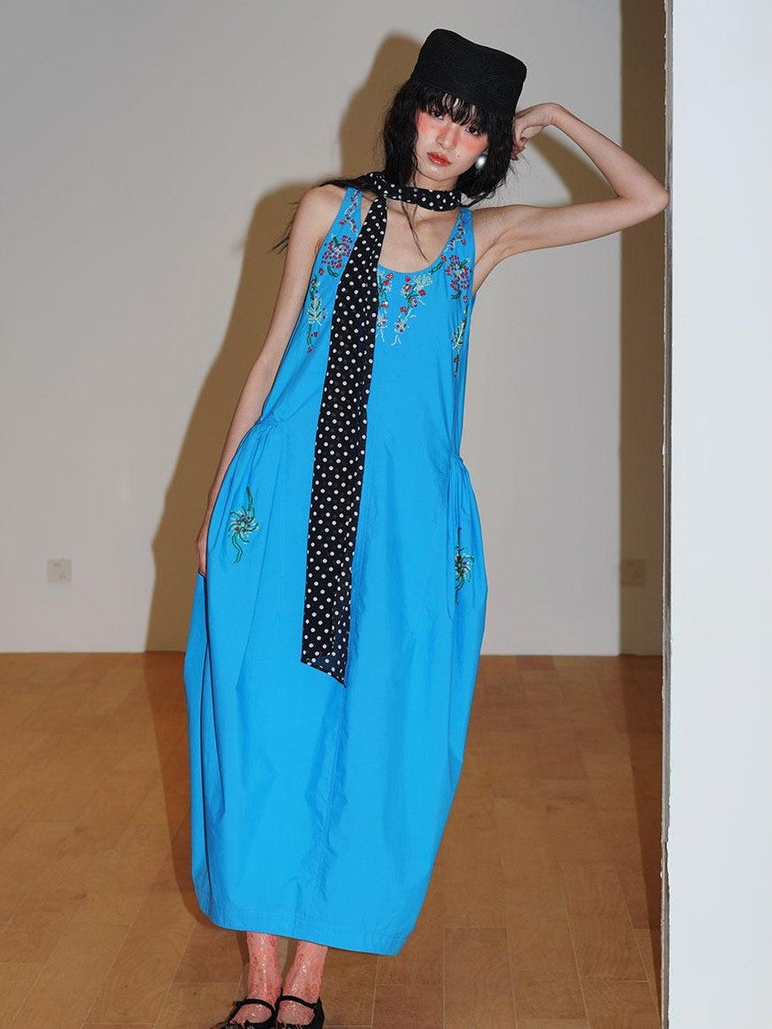 badtaste Blue Heavy Sequin Embroidery Cocoon Silhouette Women's Cotton Slip Maxi Dresses