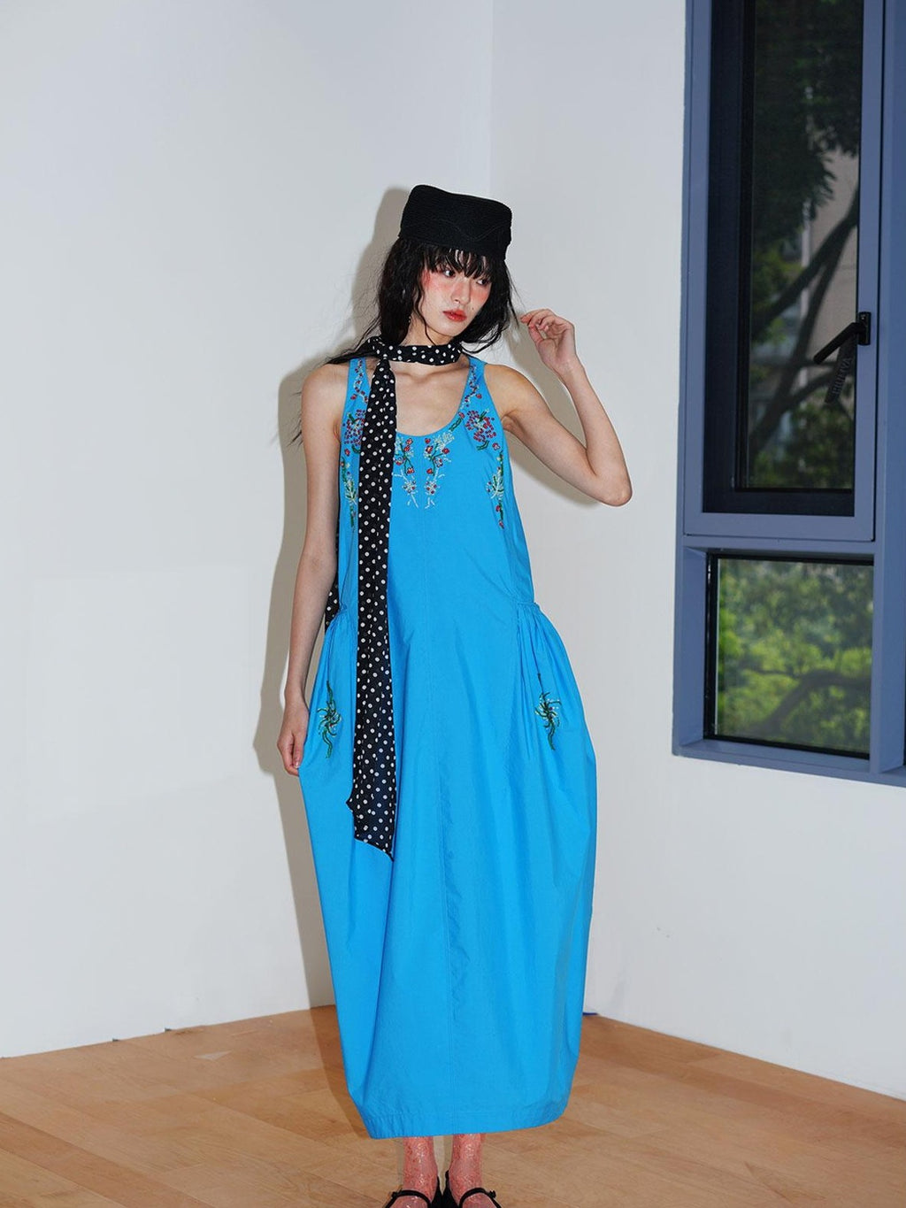 badtaste Blue Heavy Sequin Embroidery Cocoon Silhouette Women's Cotton Slip Maxi Dresses