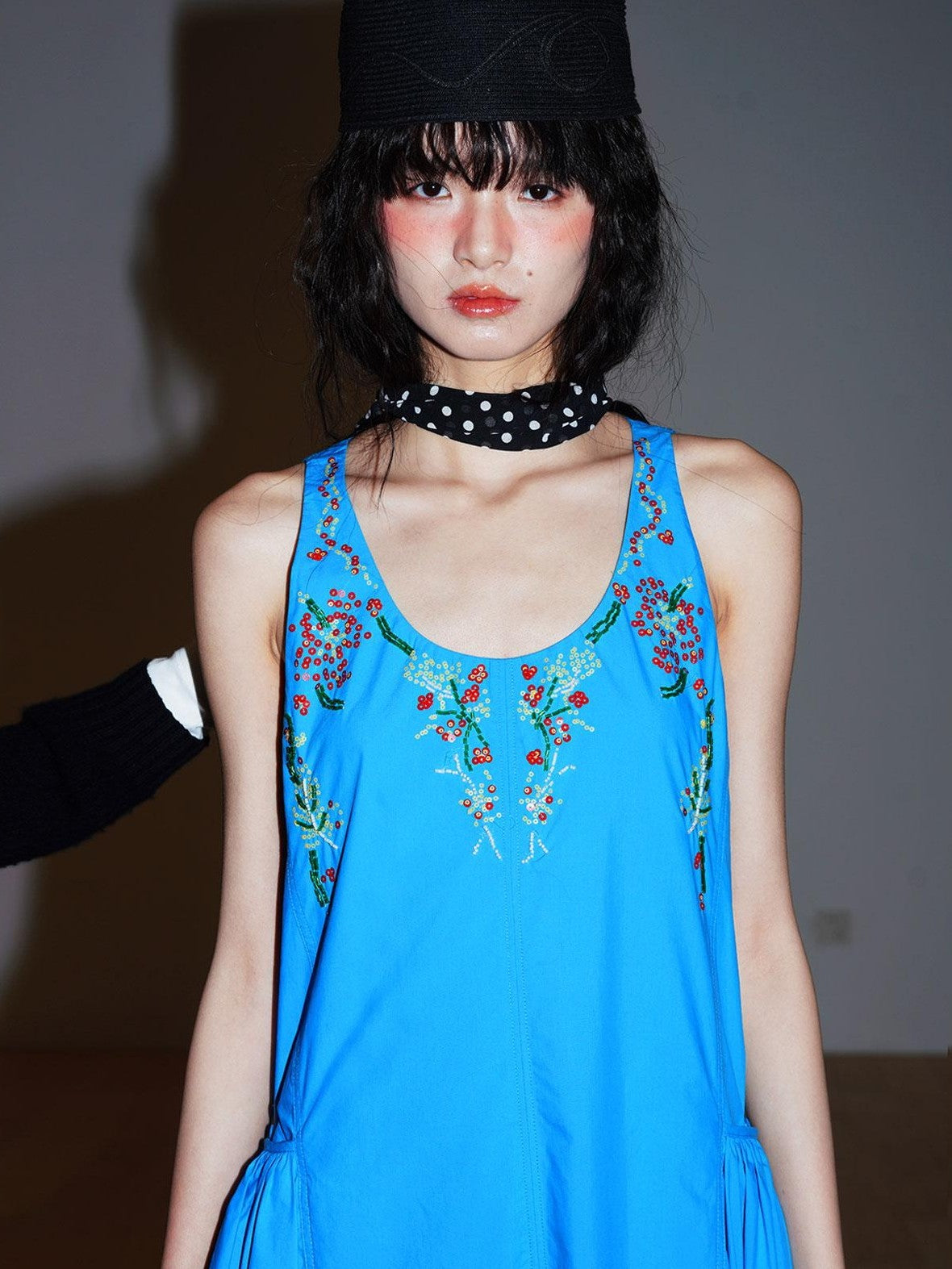badtaste Blue Heavy Sequin Embroidery Cocoon Silhouette Women's Cotton Slip Maxi Dresses