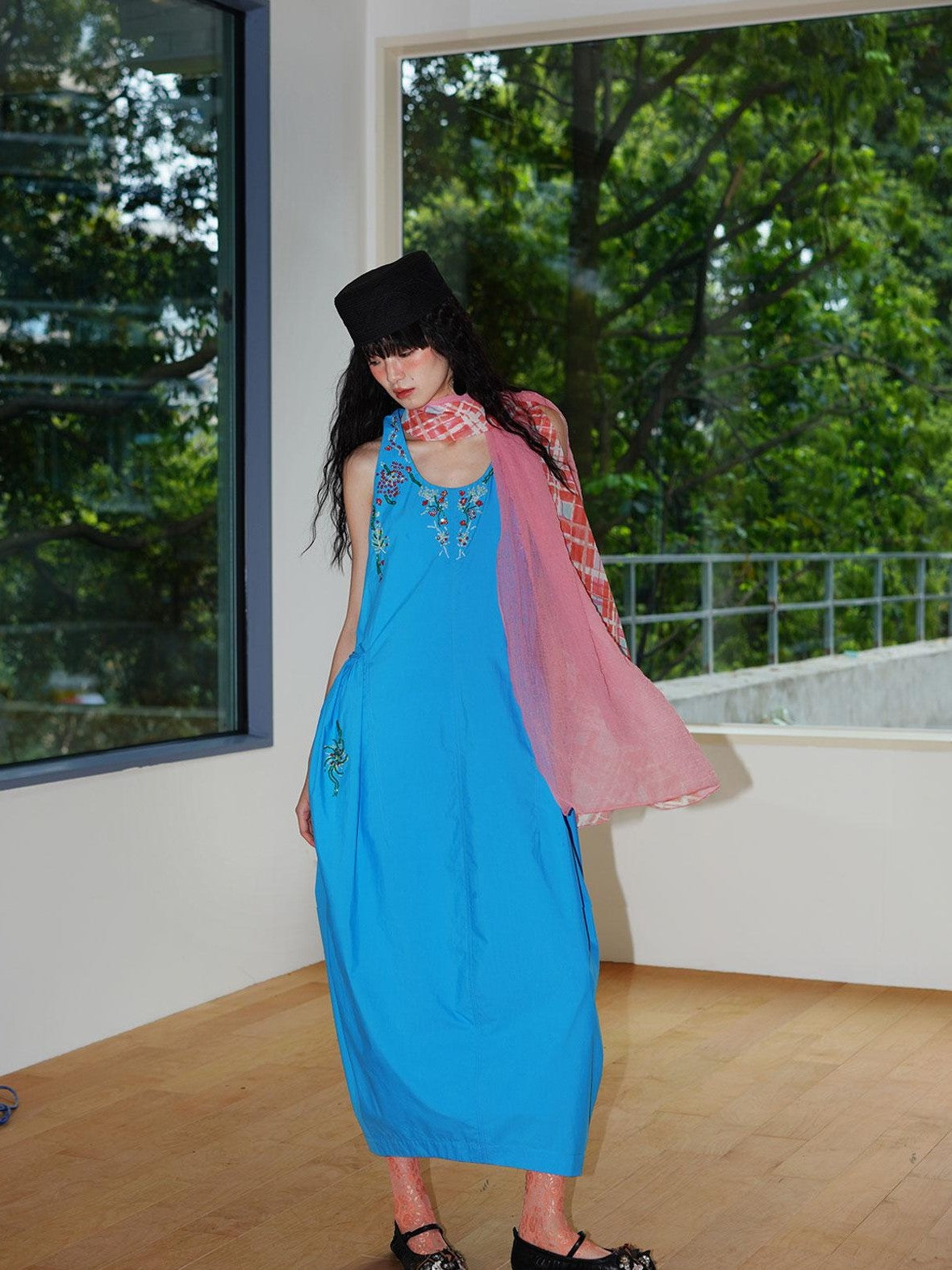 badtaste Blue Heavy Sequin Embroidery Cocoon Silhouette Women's Cotton Slip Maxi Dresses