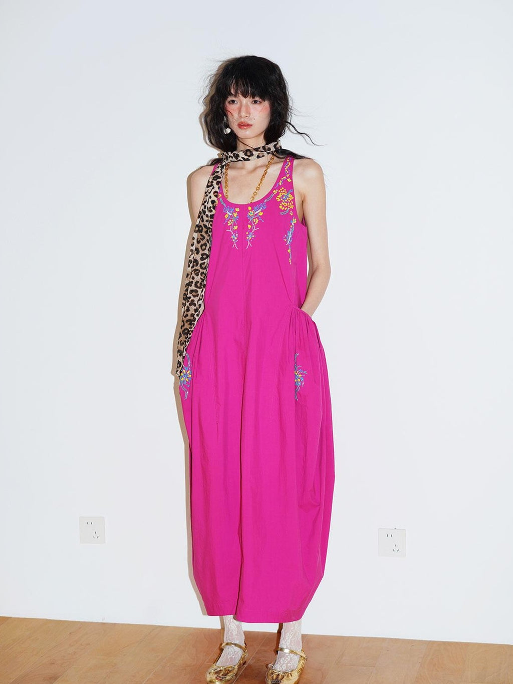 badtaste Blue Heavy Sequin Embroidery Cocoon Silhouette Women's Cotton Slip Maxi Dresses