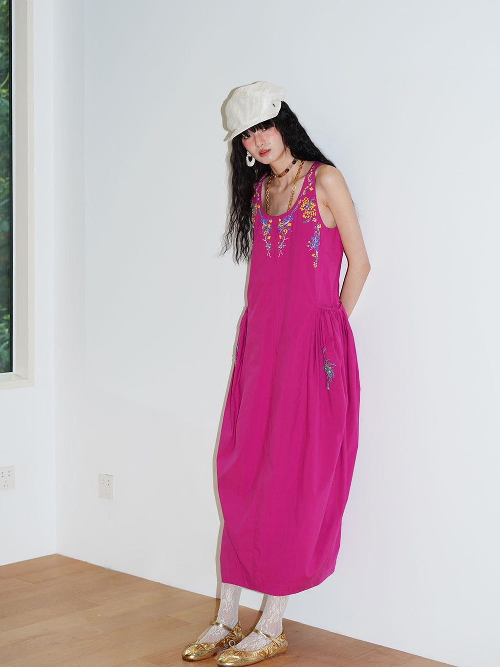 badtaste Blue Heavy Sequin Embroidery Cocoon Silhouette Women's Cotton Slip Maxi Dresses
