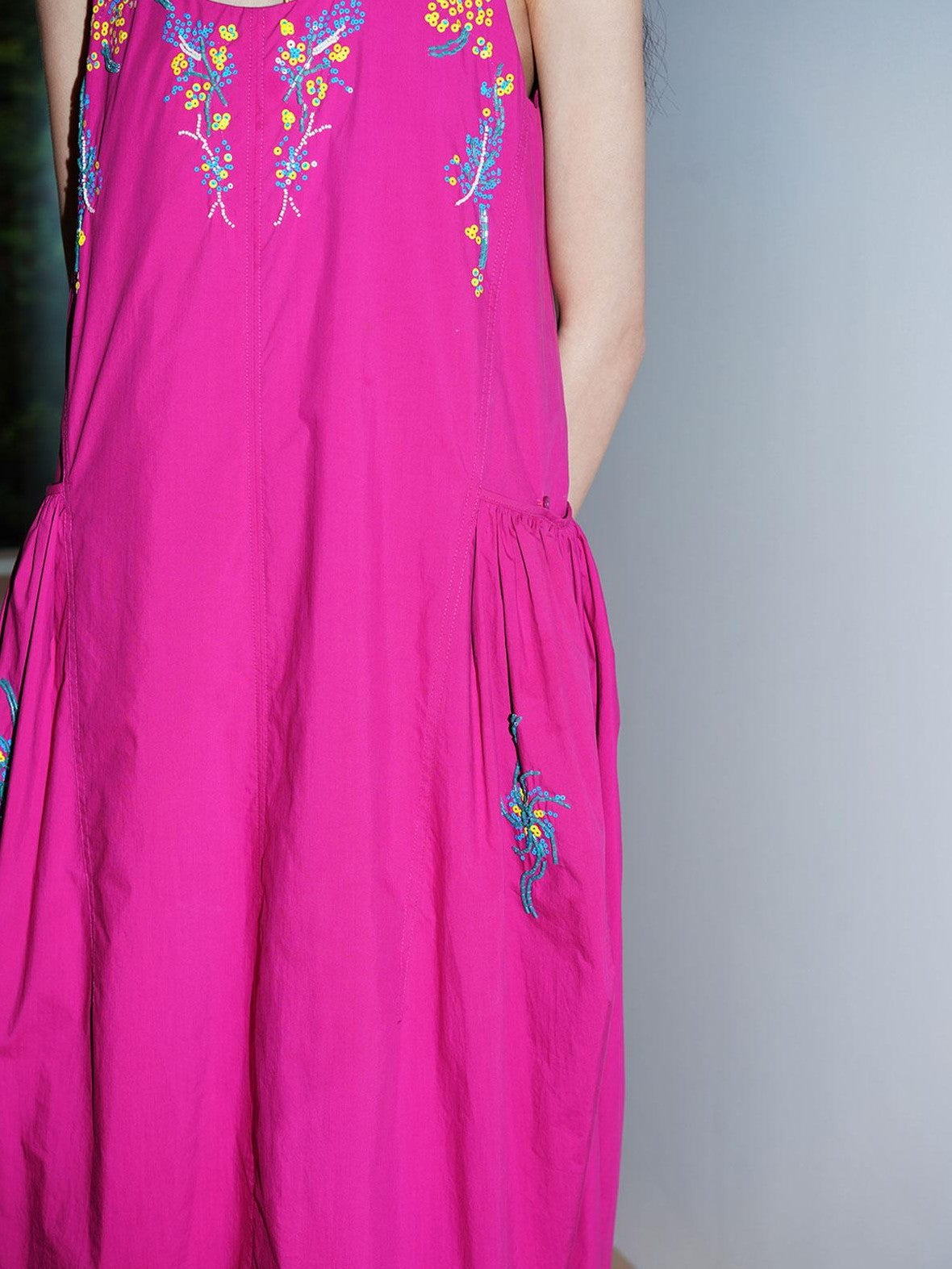 badtaste Blue Heavy Sequin Embroidery Cocoon Silhouette Women's Cotton Slip Maxi Dresses