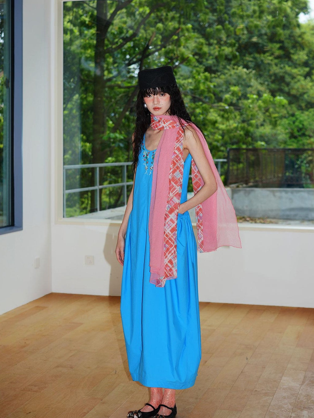 badtaste Blue Heavy Sequin Embroidery Cocoon Silhouette Women's Cotton Slip Maxi Dresses