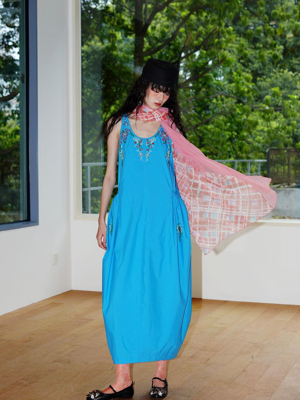 badtaste Blue Heavy Sequin Embroidery Cocoon Silhouette Women's Cotton Slip Maxi Dresses