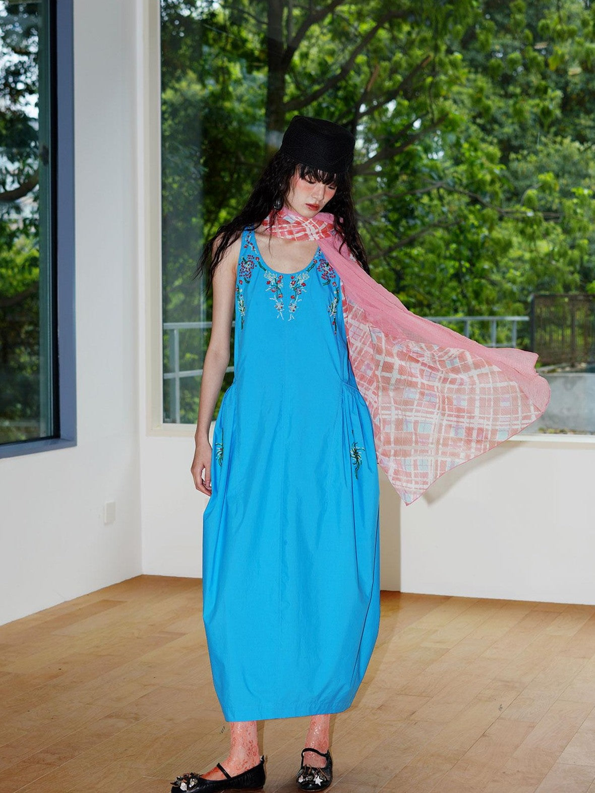 badtaste Blue Heavy Sequin Embroidery Cocoon Silhouette Women's Cotton Slip Maxi Dresses