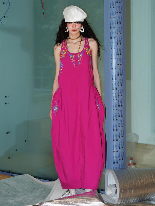 badtaste Blue Heavy Sequin Embroidery Cocoon Silhouette Women's Cotton Slip Maxi Dresses