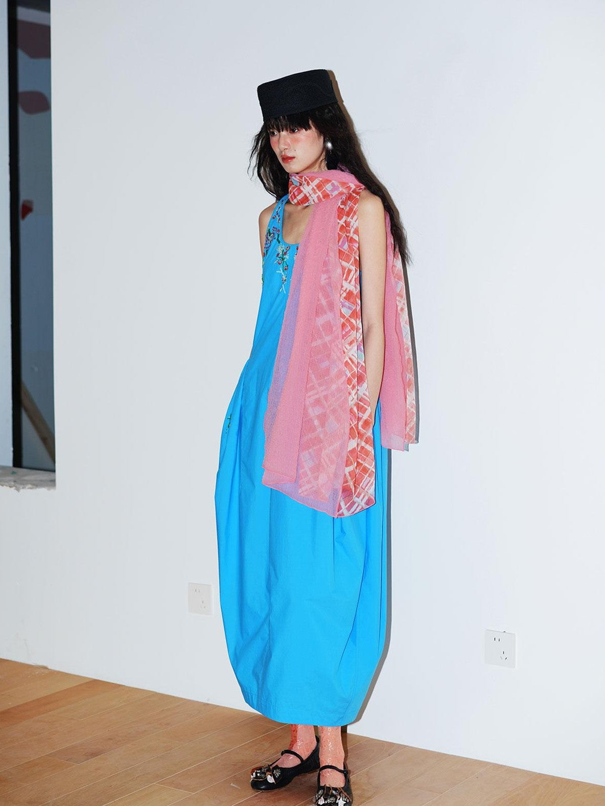 badtaste Blue Heavy Sequin Embroidery Cocoon Silhouette Women's Cotton Slip Maxi Dresses