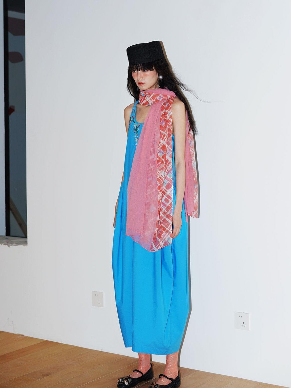 badtaste Blue Heavy Sequin Embroidery Cocoon Silhouette Women's Cotton Slip Maxi Dresses