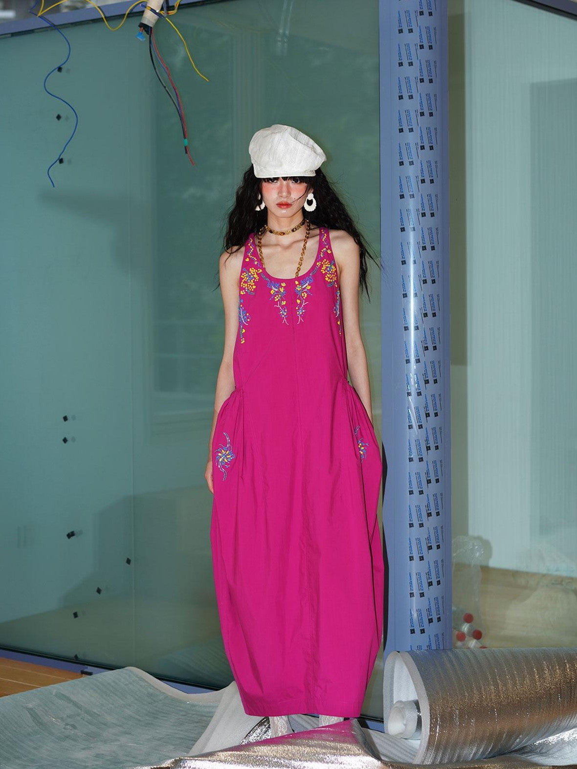 badtaste Blue Heavy Sequin Embroidery Cocoon Silhouette Women's Cotton Slip Maxi Dresses