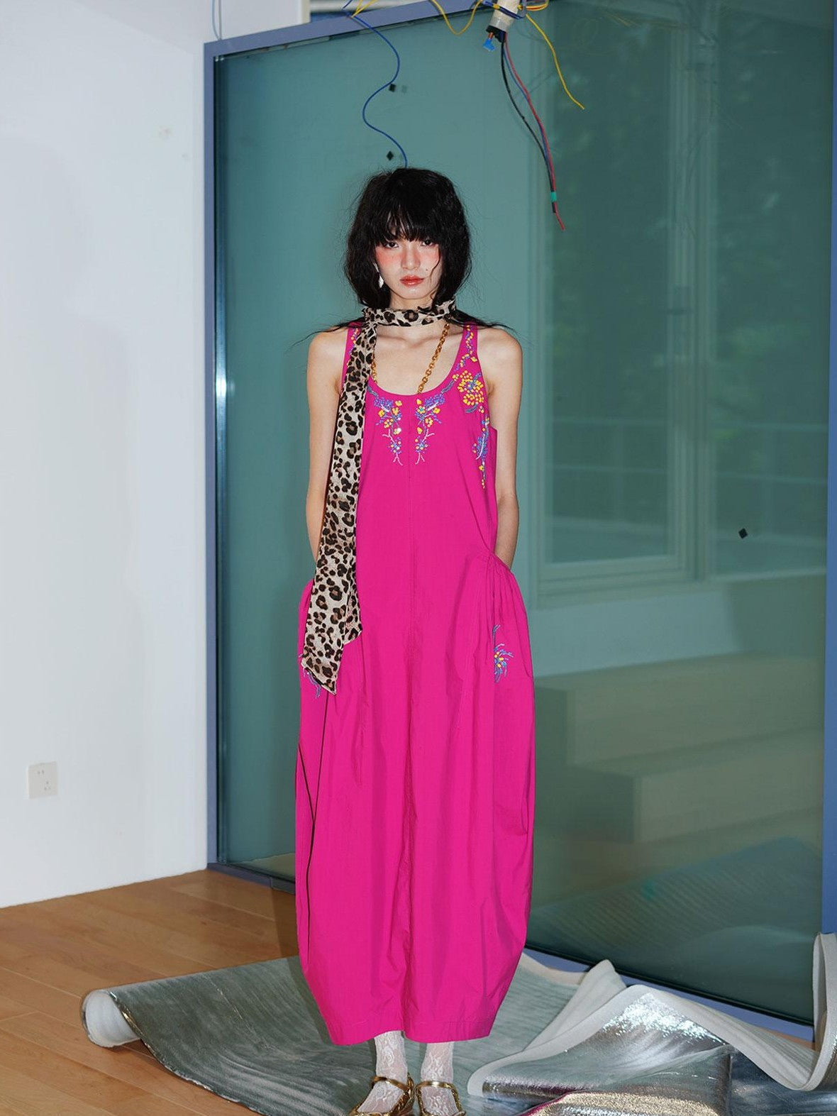 badtaste Blue Heavy Sequin Embroidery Cocoon Silhouette Women's Cotton Slip Maxi Dresses
