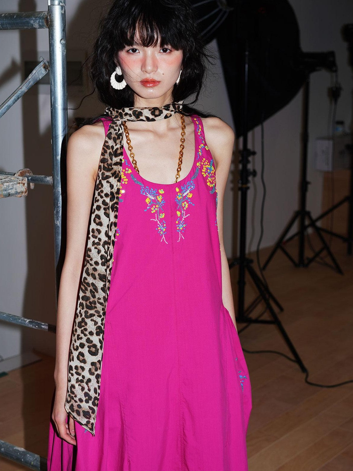 badtaste Blue Heavy Sequin Embroidery Cocoon Silhouette Women's Cotton Slip Maxi Dresses