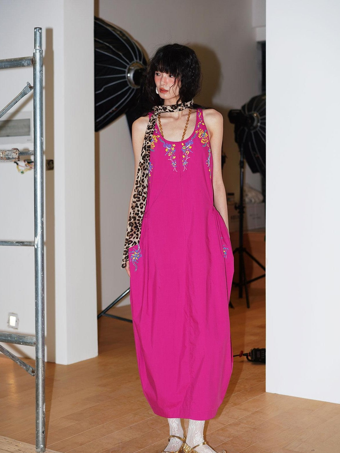 badtaste Blue Heavy Sequin Embroidery Cocoon Silhouette Women's Cotton Slip Maxi Dresses