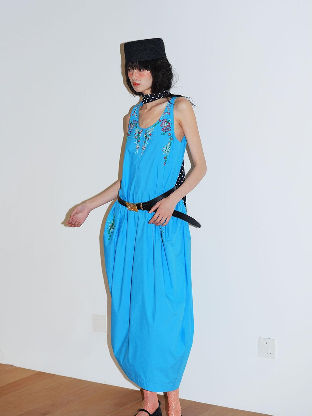 badtaste Blue Heavy Sequin Embroidery Cocoon Silhouette Women's Cotton Slip Maxi Dresses