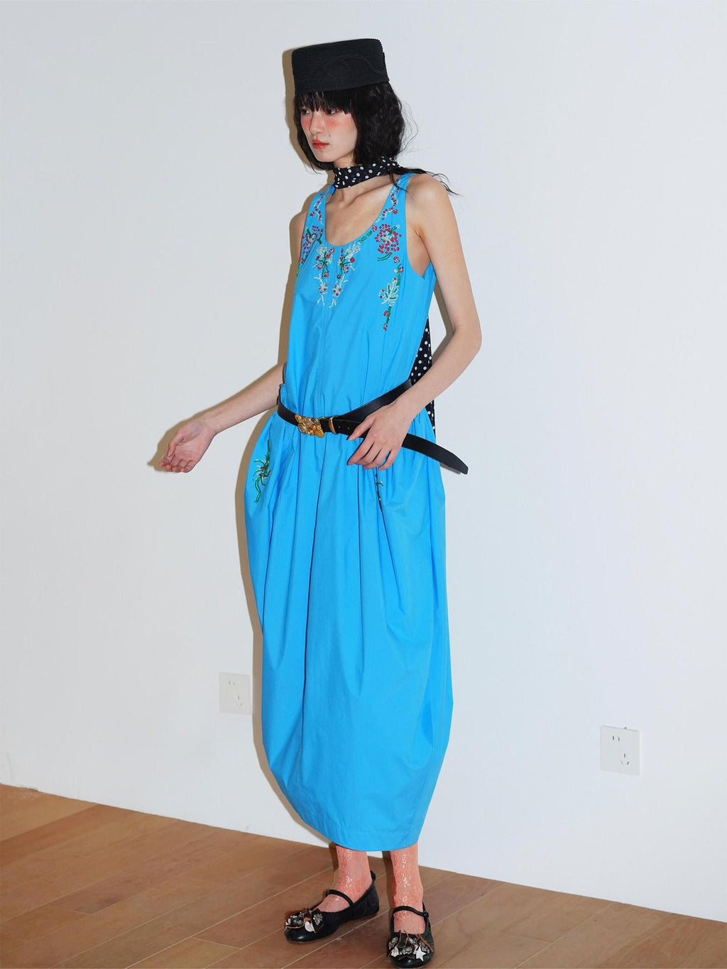 badtaste Blue Heavy Sequin Embroidery Cocoon Silhouette Women's Cotton Slip Maxi Dresses
