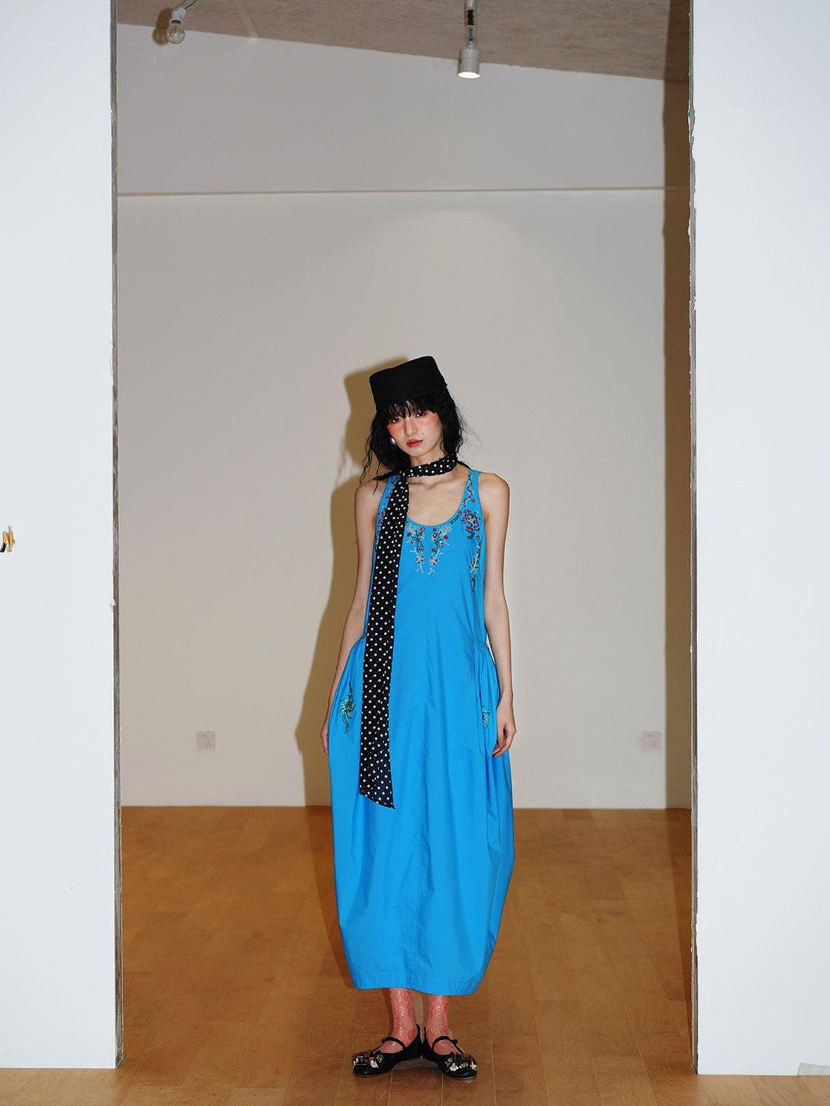 badtaste Blue Heavy Sequin Embroidery Cocoon Silhouette Women's Cotton Slip Maxi Dresses