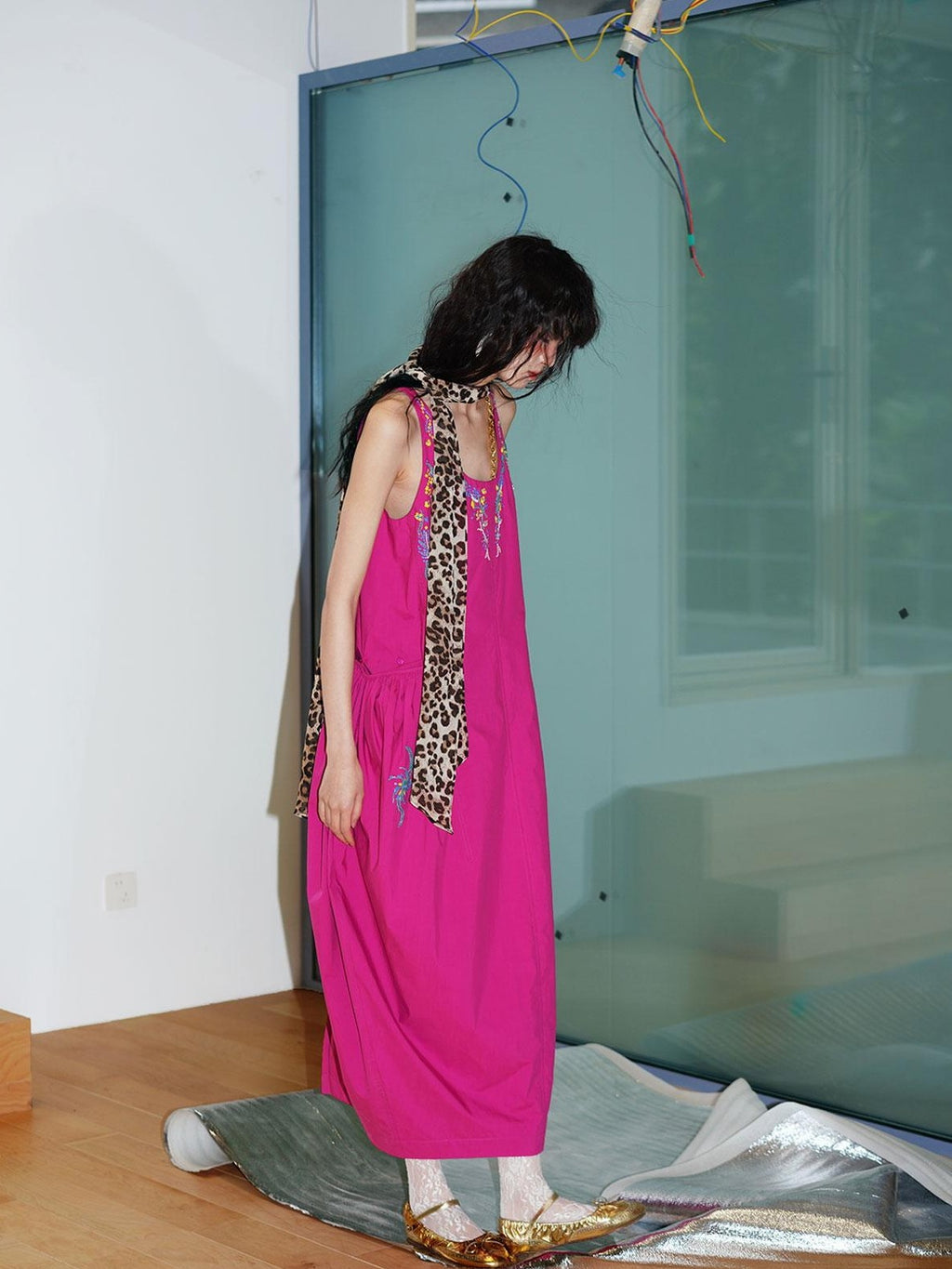 badtaste Blue Heavy Sequin Embroidery Cocoon Silhouette Women's Cotton Slip Maxi Dresses