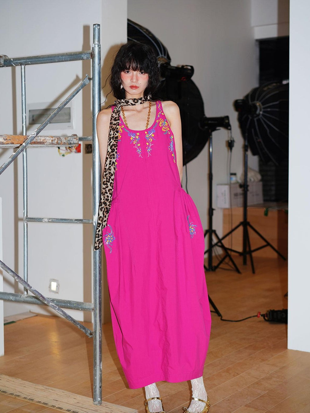 badtaste Blue Heavy Sequin Embroidery Cocoon Silhouette Women's Cotton Slip Maxi Dresses