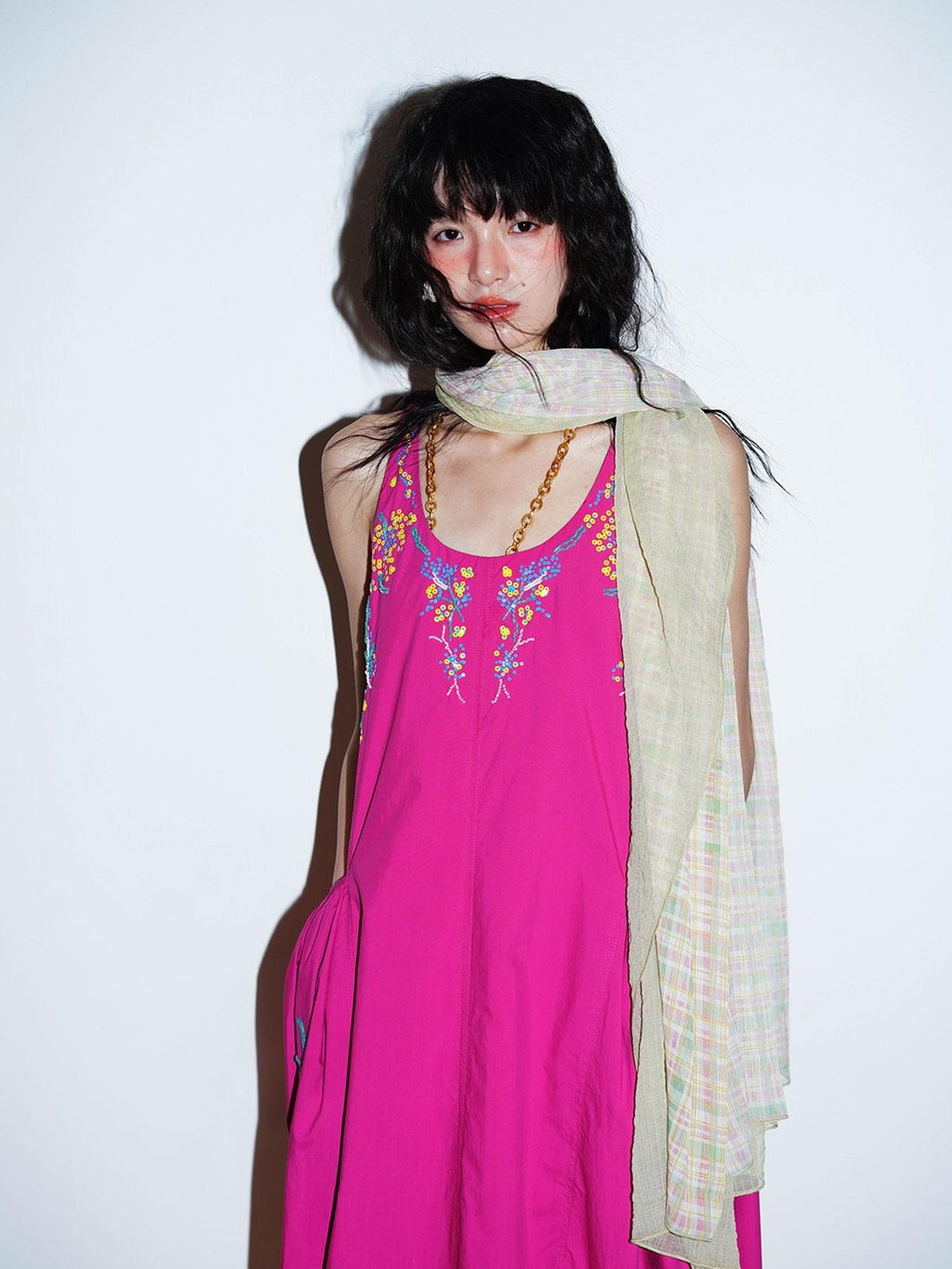 badtaste Blue Heavy Sequin Embroidery Cocoon Silhouette Women's Cotton Slip Maxi Dresses