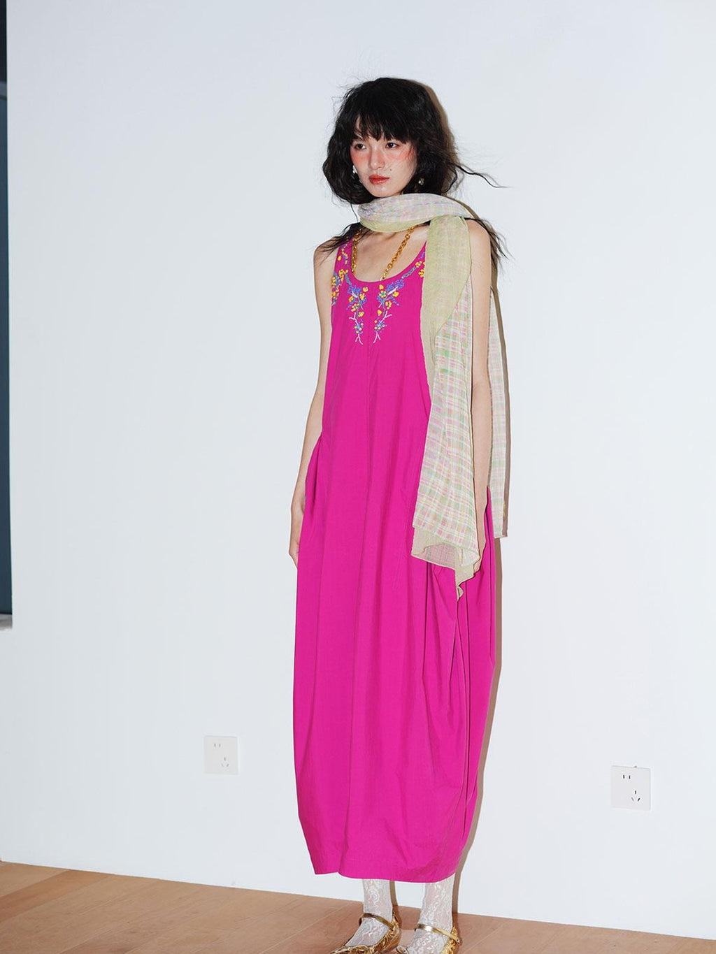 badtaste Blue Heavy Sequin Embroidery Cocoon Silhouette Women's Cotton Slip Maxi Dresses