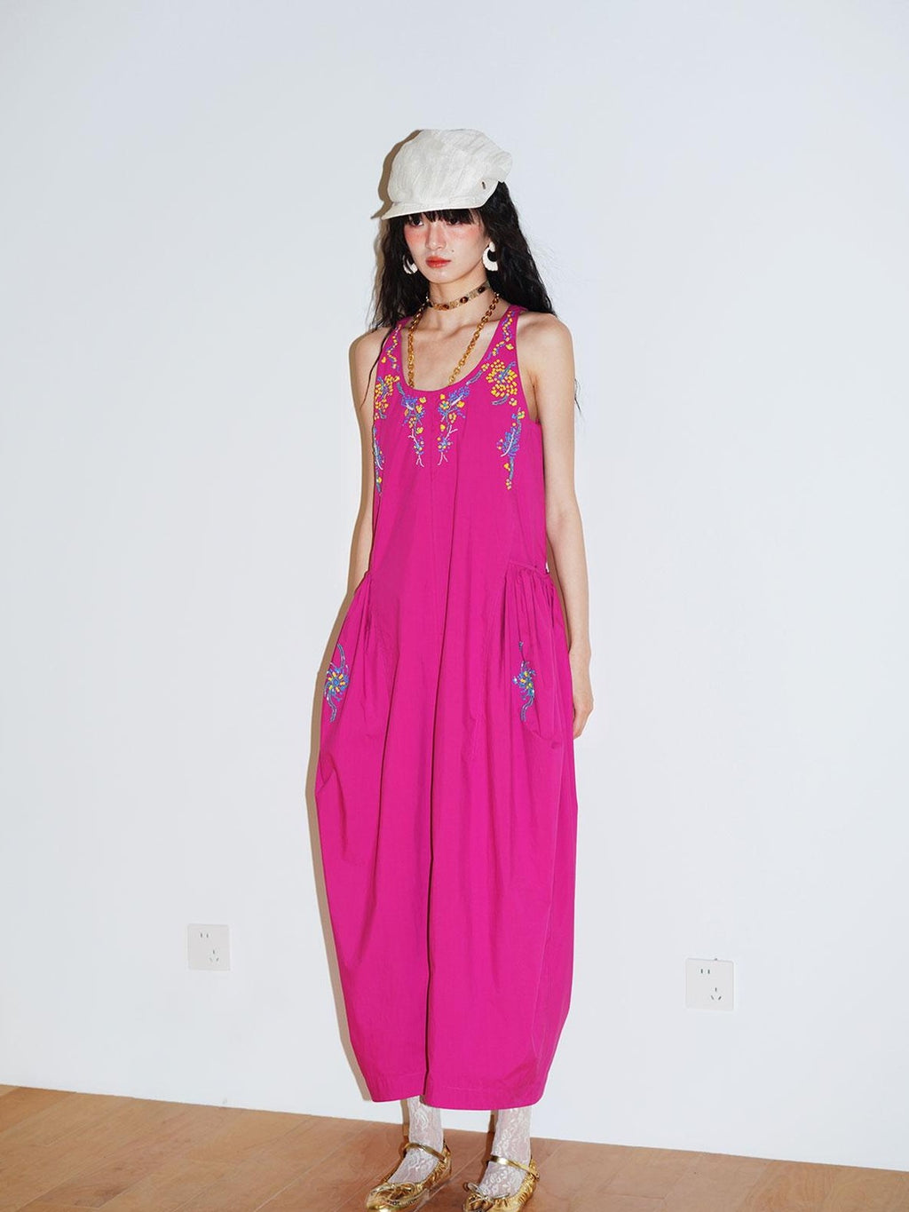 badtaste Blue Heavy Sequin Embroidery Cocoon Silhouette Women's Cotton Slip Maxi Dresses