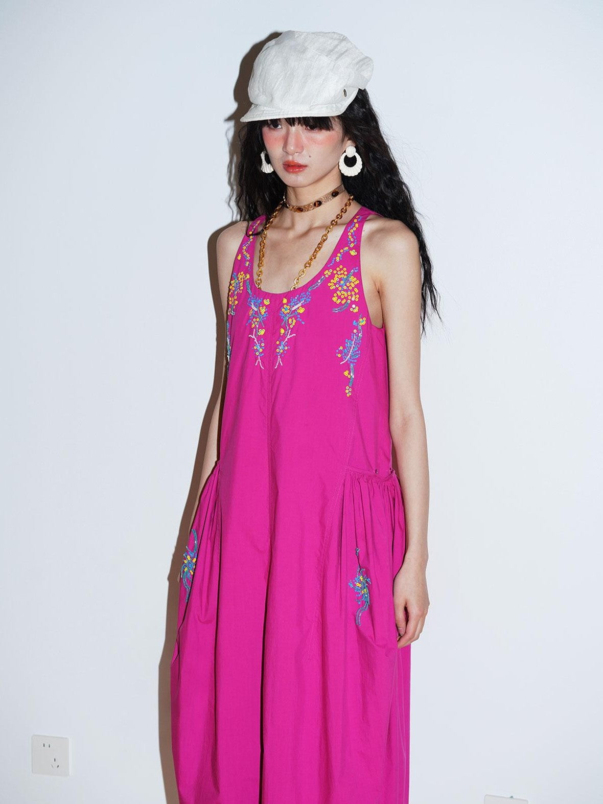 badtaste Blue Heavy Sequin Embroidery Cocoon Silhouette Women's Cotton Slip Maxi Dresses