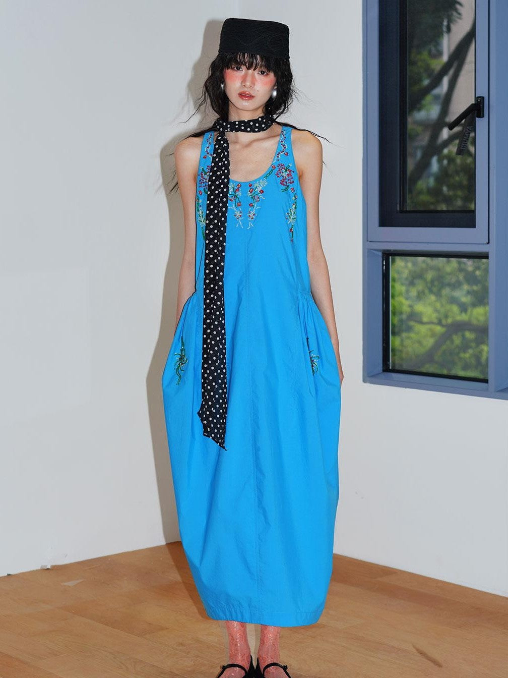 badtaste Blue Heavy Sequin Embroidery Cocoon Silhouette Women's Cotton Slip Maxi Dresses