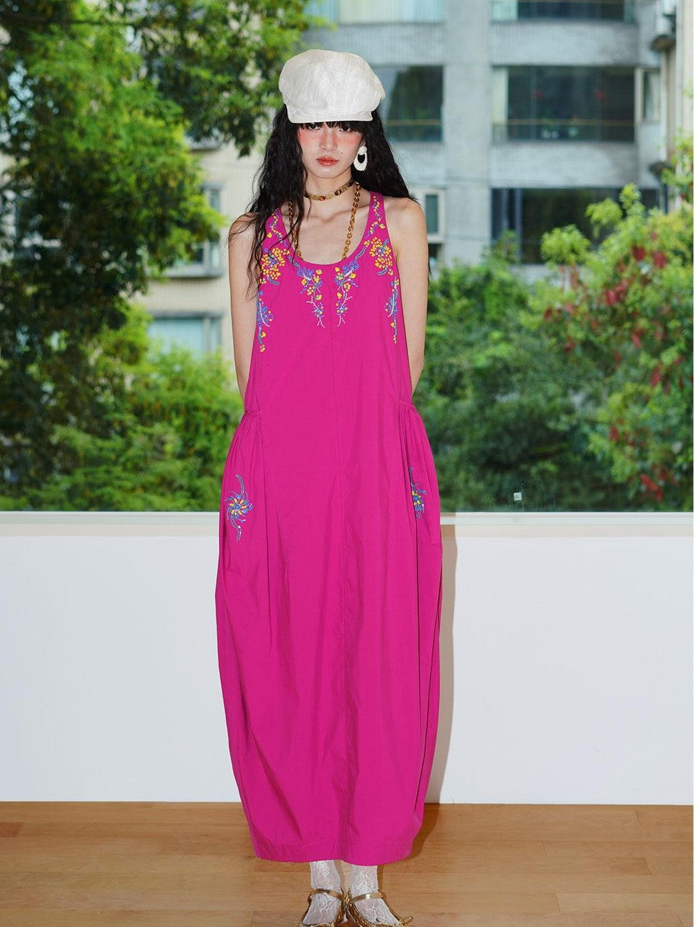 badtaste Blue Heavy Sequin Embroidery Cocoon Silhouette Women's Cotton Slip Maxi Dresses