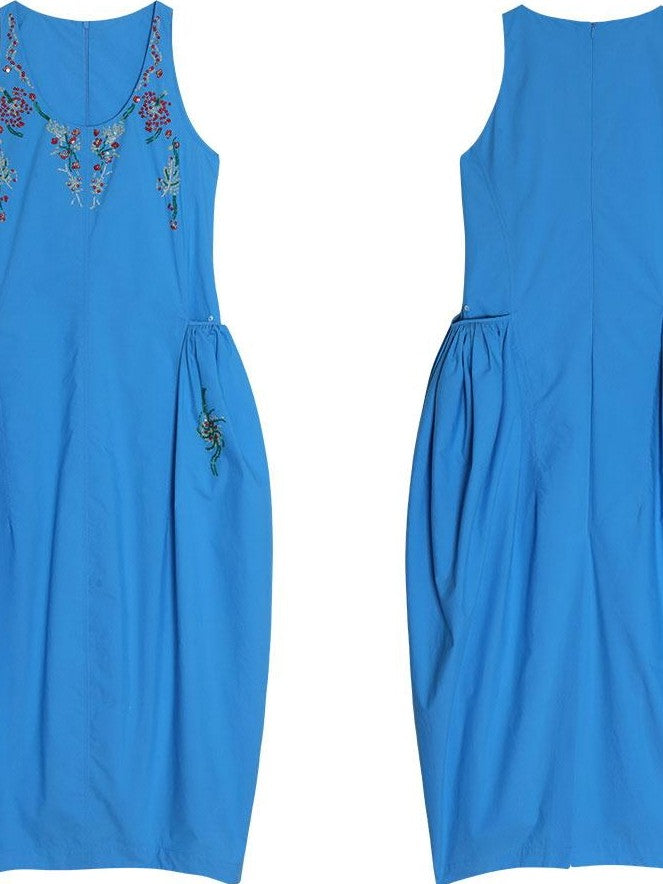 badtaste Blue Heavy Sequin Embroidery Cocoon Silhouette Women's Cotton Slip Maxi Dresses
