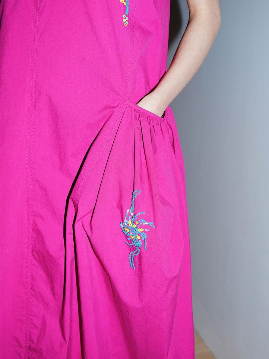 badtaste Blue Heavy Sequin Embroidery Cocoon Silhouette Women's Cotton Slip Maxi Dresses