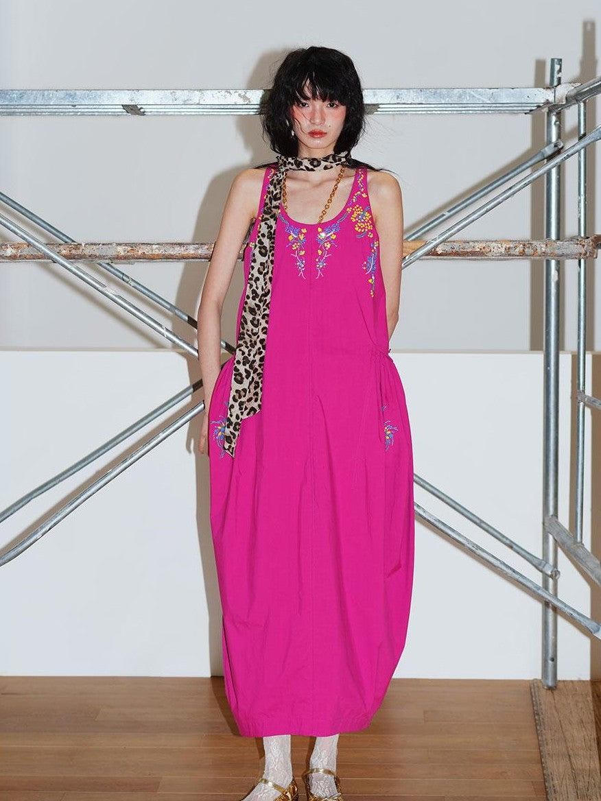 badtaste Blue Heavy Sequin Embroidery Cocoon Silhouette Women's Cotton Slip Maxi Dresses