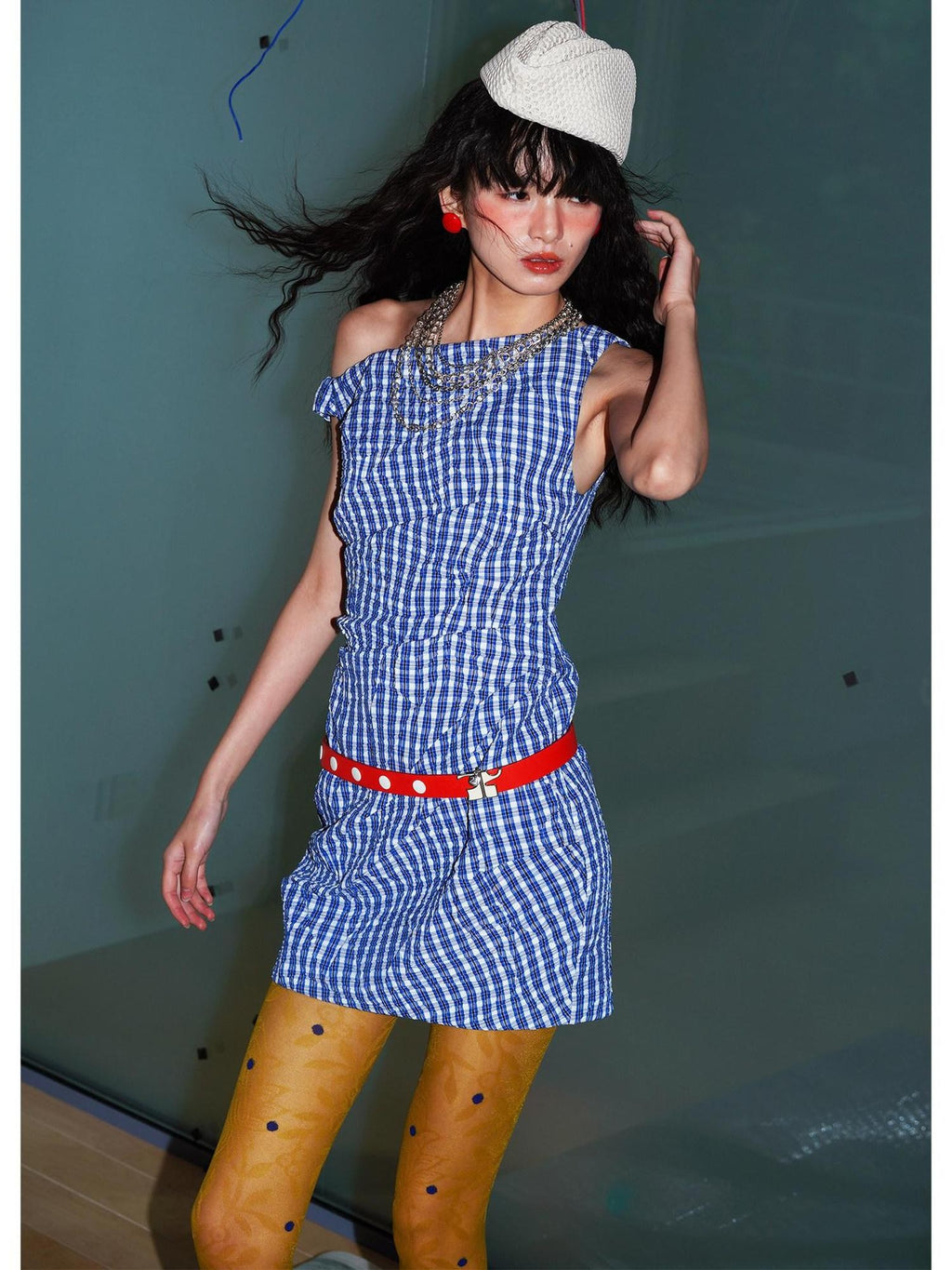 badtaste Blue Plaid Vintage Pleated Asymmetrical Women's Off-shoulder Mini Dresses