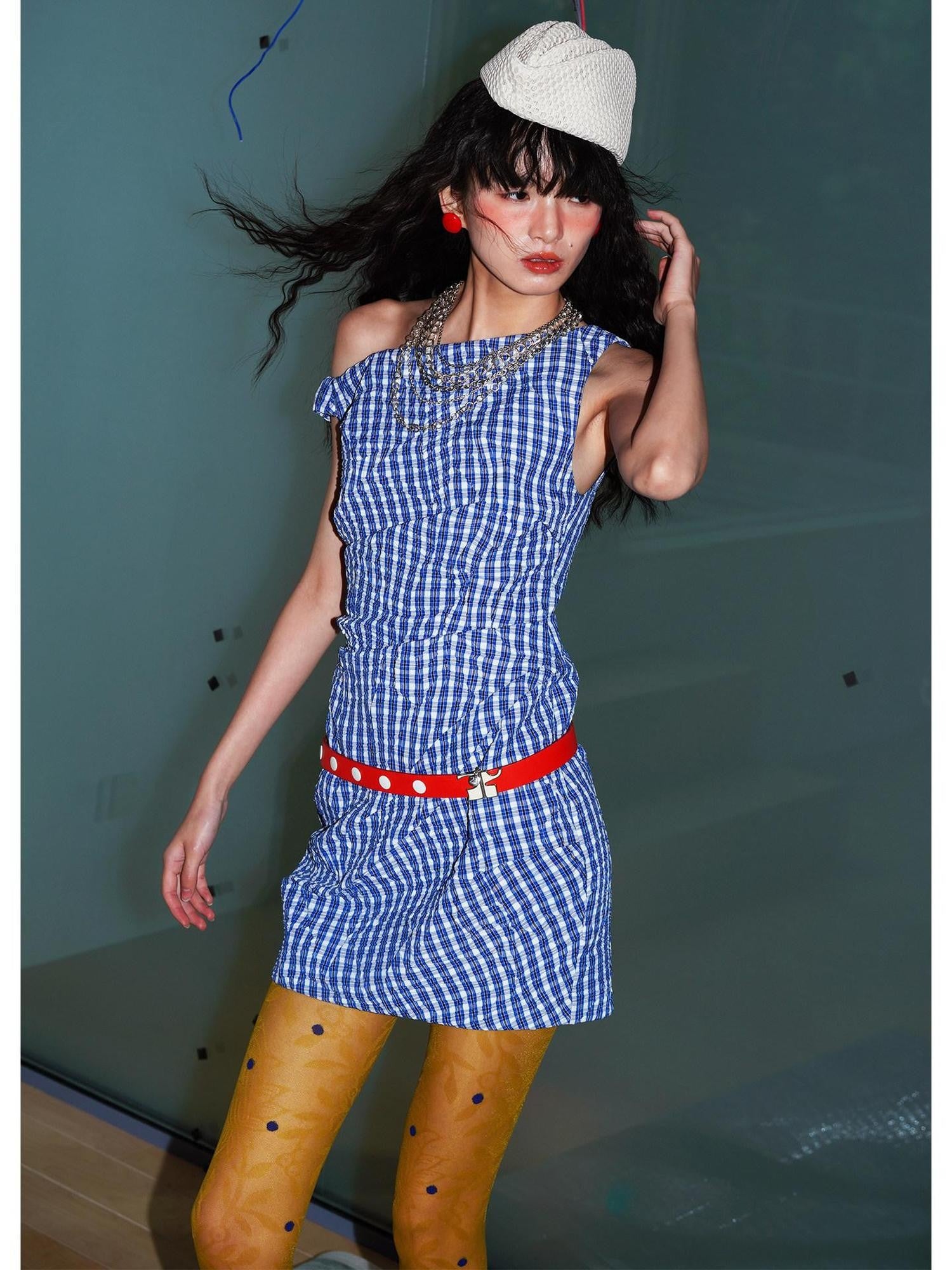 badtaste Blue Plaid Vintage Pleated Asymmetrical Women's Off-shoulder Mini Dresses