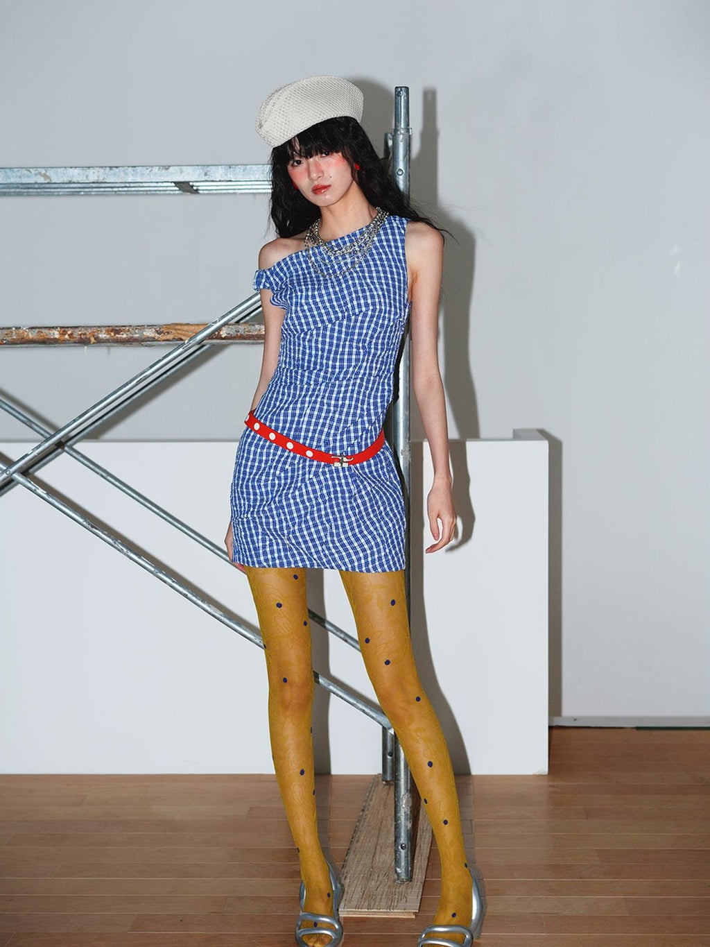 badtaste Blue Plaid Vintage Pleated Asymmetrical Women's Off-shoulder Mini Dresses