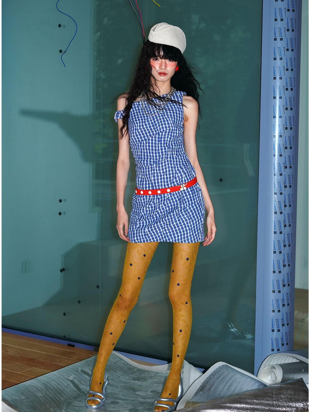 badtaste Blue Plaid Vintage Pleated Asymmetrical Women's Off-shoulder Mini Dresses