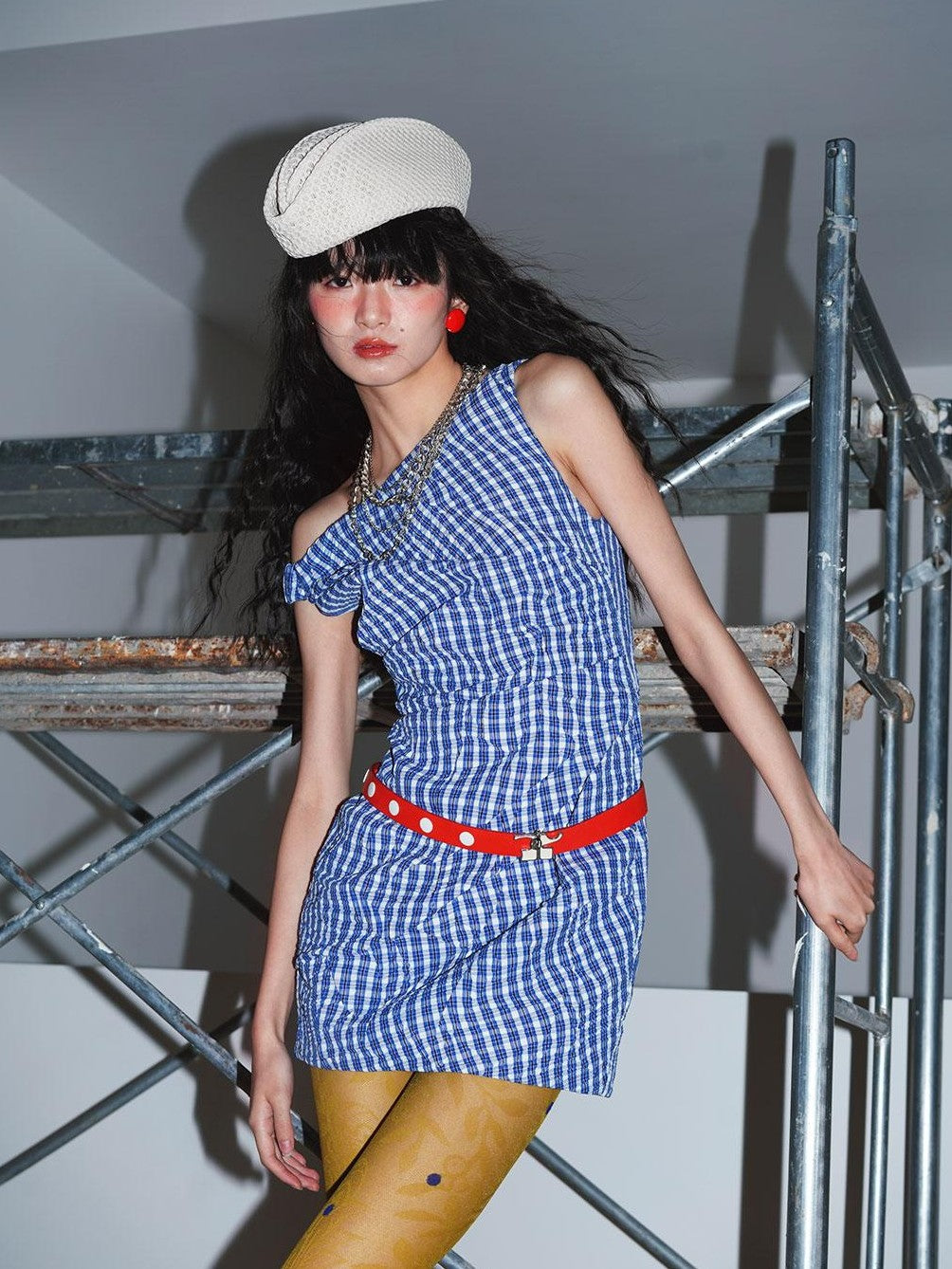 badtaste Blue Plaid Vintage Pleated Asymmetrical Women's Off-shoulder Mini Dresses