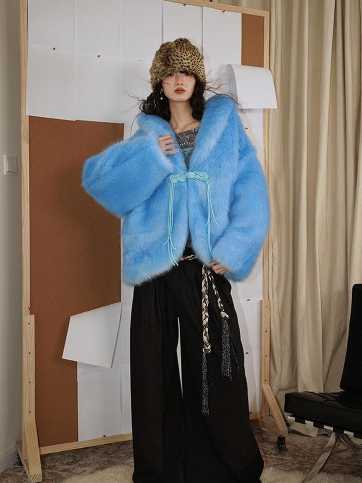 badtaste Blue Plush Fox Fur Trim Turn Down Collar Loose Fit Women's Eco Faux Fur Coats