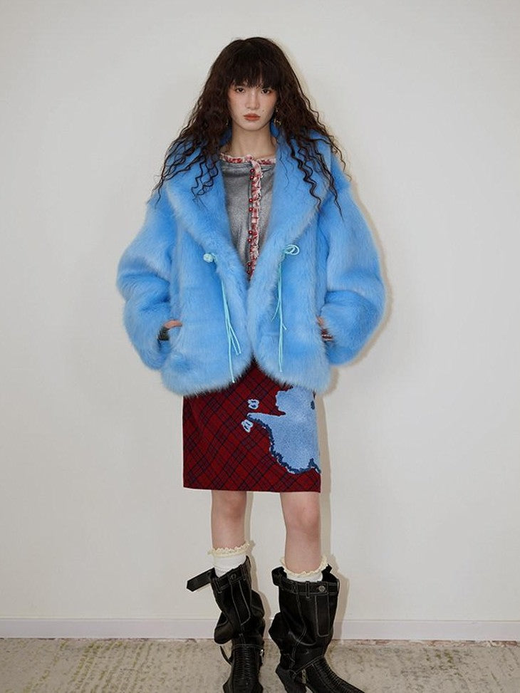 badtaste Blue Plush Fox Fur Trim Turn Down Collar Loose Fit Women's Eco Faux Fur Coats