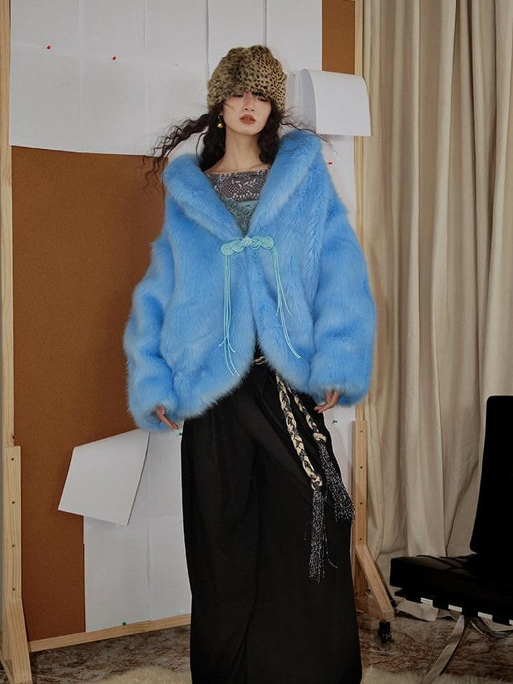 badtaste Blue Plush Fox Fur Trim Turn Down Collar Loose Fit Women's Eco Faux Fur Coats