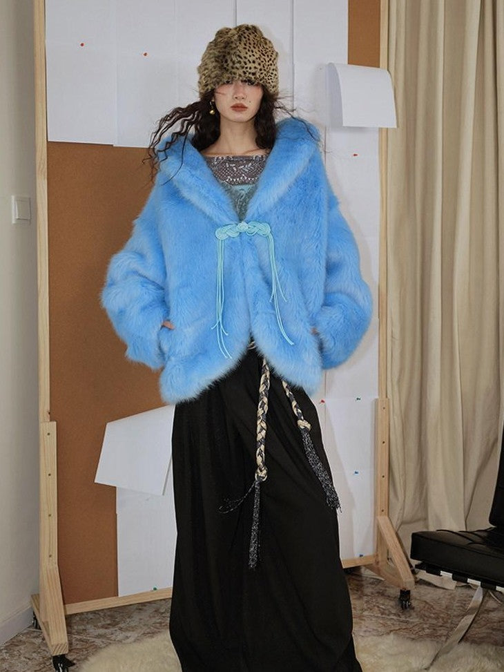 badtaste Blue Plush Fox Fur Trim Turn Down Collar Loose Fit Women's Eco Faux Fur Coats