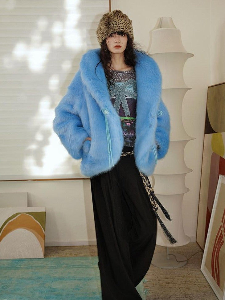 badtaste Blue Plush Fox Fur Trim Turn Down Collar Loose Fit Women's Eco Faux Fur Coats