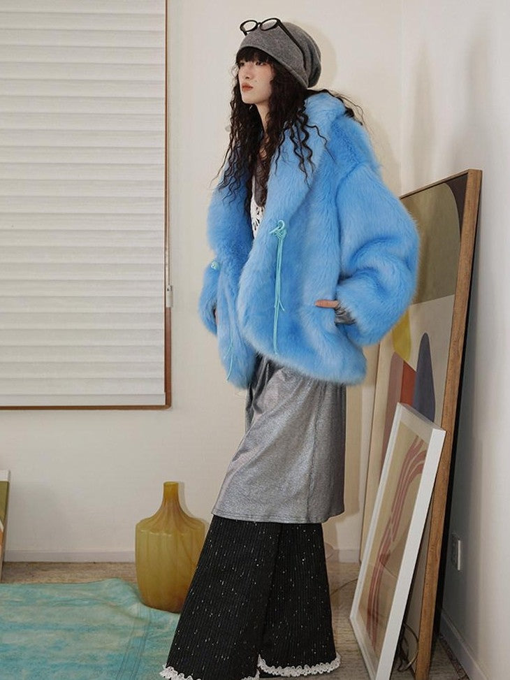 badtaste Blue Plush Fox Fur Trim Turn Down Collar Loose Fit Women's Eco Faux Fur Coats