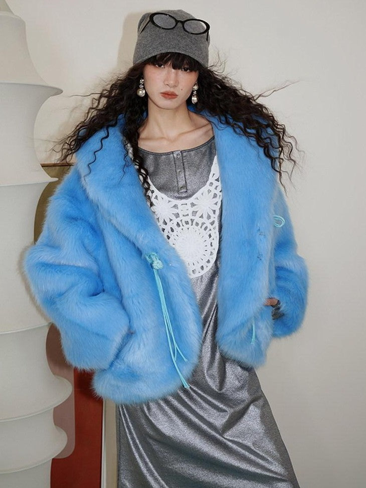 badtaste Blue Plush Fox Fur Trim Turn Down Collar Loose Fit Women's Eco Faux Fur Coats