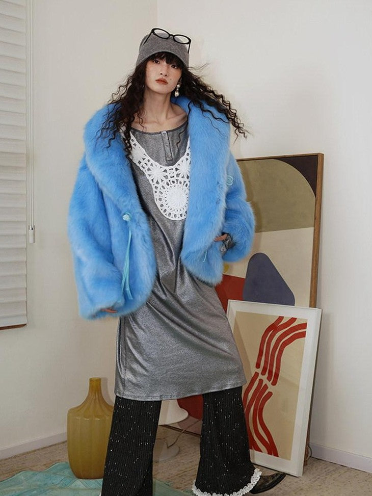 badtaste Blue Plush Fox Fur Trim Turn Down Collar Loose Fit Women's Eco Faux Fur Coats