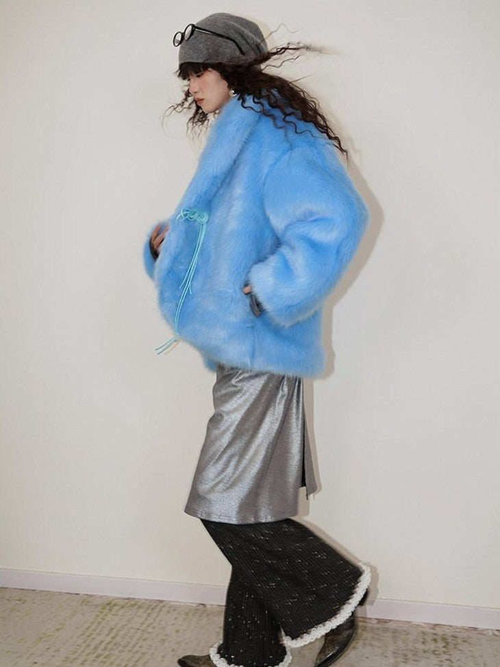 badtaste Blue Plush Fox Fur Trim Turn Down Collar Loose Fit Women's Eco Faux Fur Coats