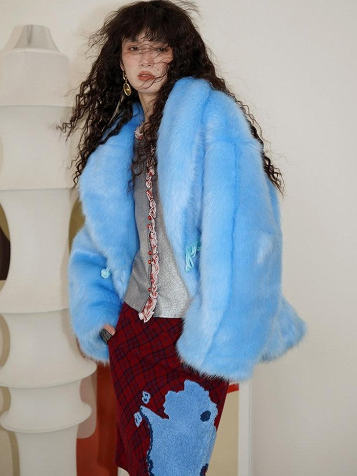 badtaste Blue Plush Fox Fur Trim Turn Down Collar Loose Fit Women's Eco Faux Fur Coats