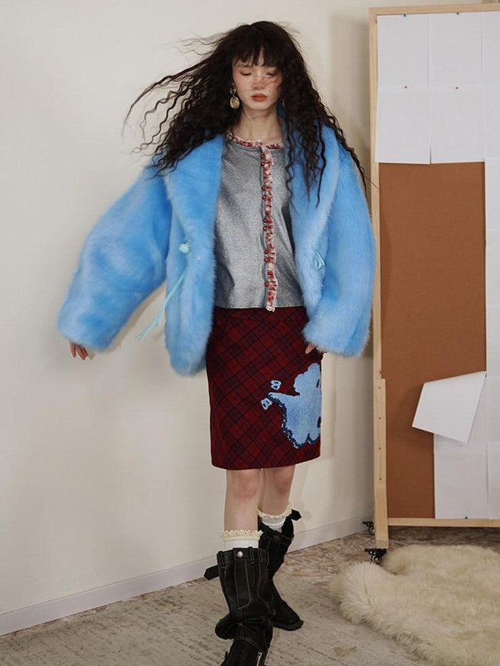 badtaste Blue Plush Fox Fur Trim Turn Down Collar Loose Fit Women's Eco Faux Fur Coats